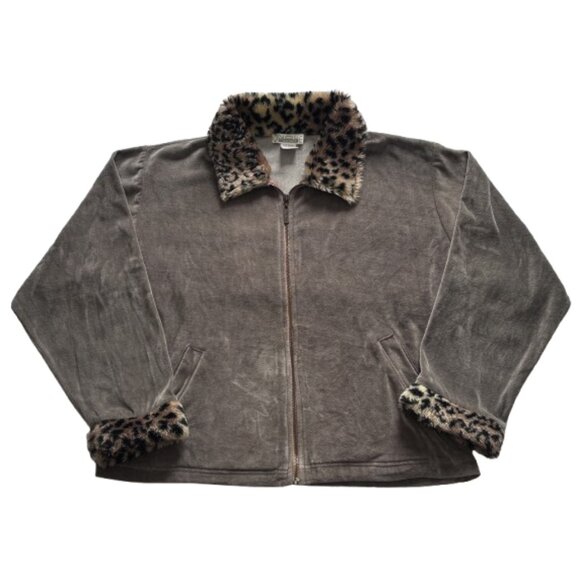 Vintage Tops - 🐆 Vintage Onoue Grey Velour Zip-up With Fuzzy Leopard Print Trim 🐆